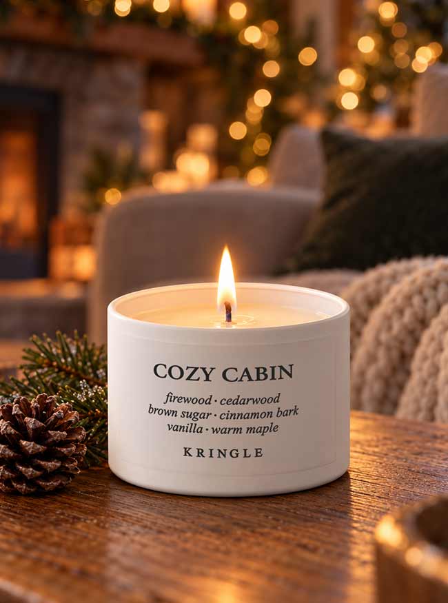 A lit white Kringle candle tin  labeled 'Cozy Cabin' sits on a wooden table in a warm, cozy living room setting with a fireplace, blurred lights, and pinecones.