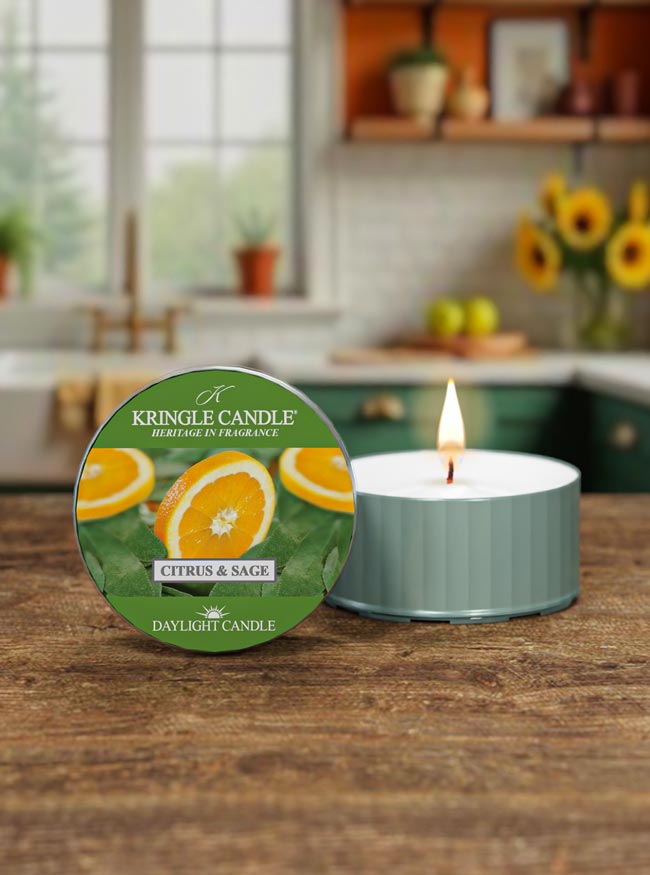 Kringle Candle Citrus & Sage candle on a wooden surface with a kitchen background