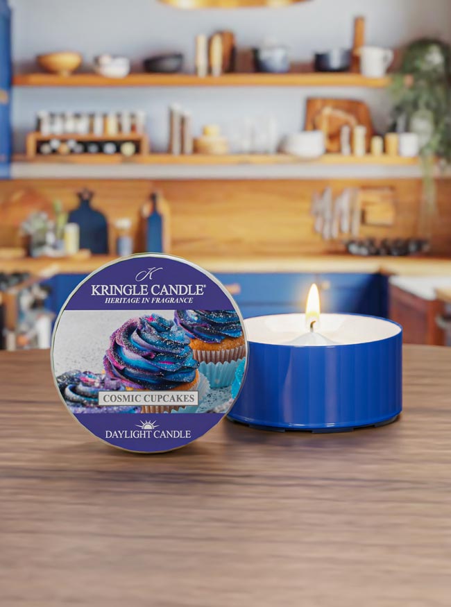 Kringle Candle Cosmic Cupcakes candle on a table with a kitchen background