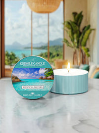 Kringle Candle daylight candle with packaging on a table with a scenic background