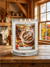 Cedar Incense Candle by Kringle Candle in a lifestyle photo with fall decor