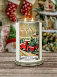 Kringle Candle with Christmas Tree Farm design on a wooden surface with festive background