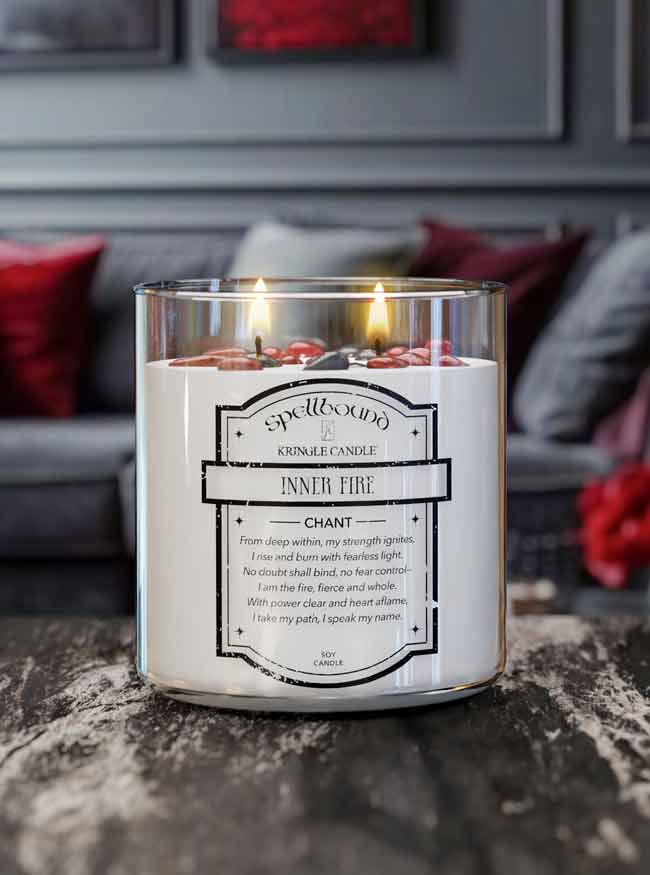 Healing Light Lit Scented Candle with a label on a surface, with a blurred background of a room.