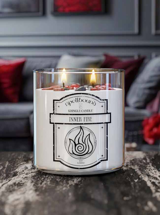 Lit Candle with a label titled "Healing Light" in a living room setting