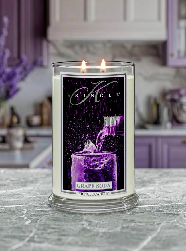 Kringle Candle in Grape Soda flavor on a kitchen counter