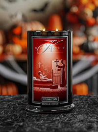 Kringle Candle Exorcism Halloween Candle with a dark background