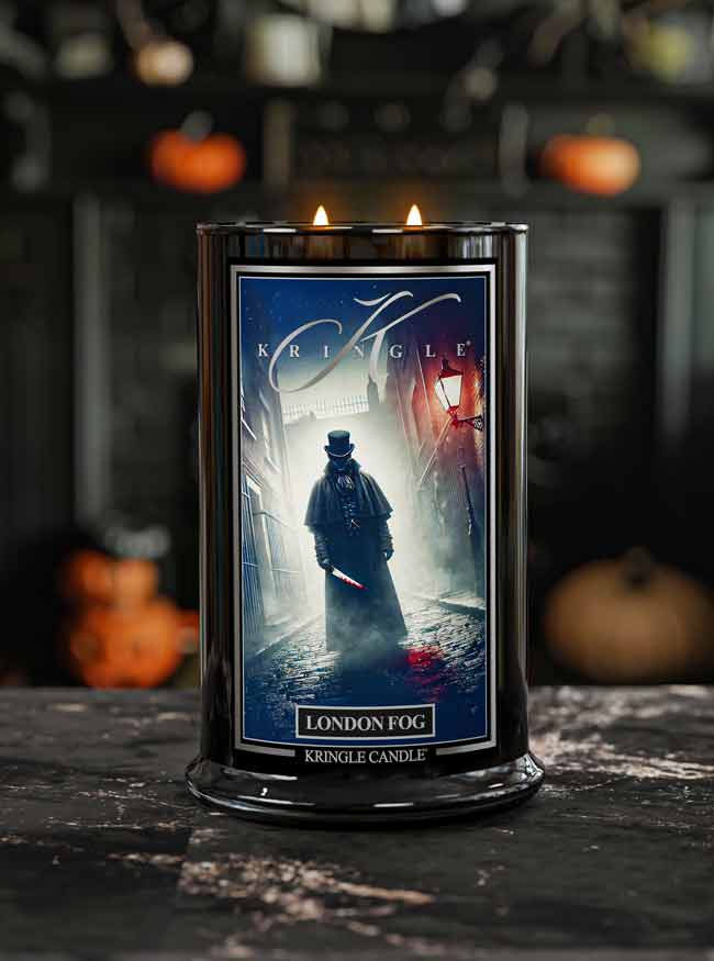 Kringle Candle with 'London Fog' packaging featuring a dark scene with a person holding a lantern.