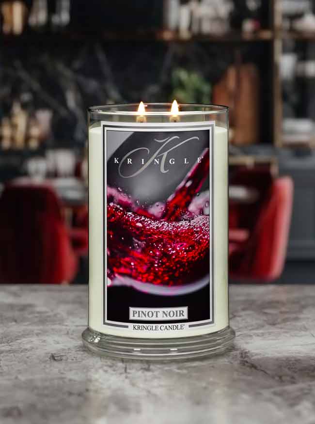 Kringle Candle with 'Pinot Noir' design on a white background