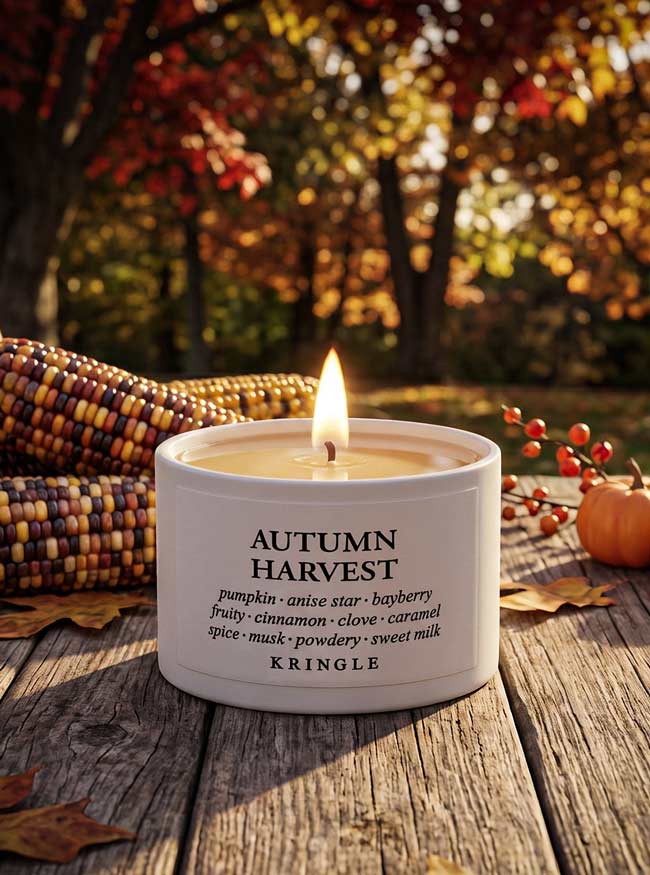 A lit white Kringle candle labeled 'Autumn Harvest' sits on a rustic wooden surface outdoors, surrounded by corn, berries, and autumn foliage.