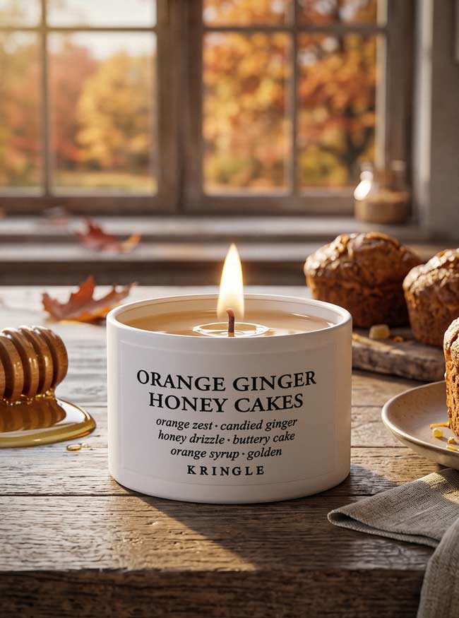 Orange Ginger Honey Cakes Mini Candle Tin on a table with honey and muffin cakes fall decor by Kringle Candle 