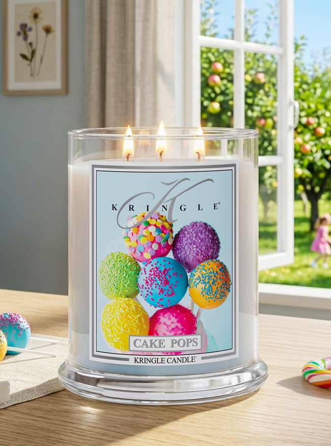 Kringle Candle with colorful cake pop design on a table with a window view.
