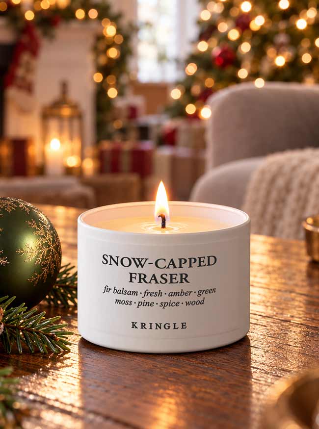 A white Kringle candle tin labeled 'Snow-Capped Fraser' sits lit on a wooden table in a cozy holiday setting with Christmas ornaments, warm string lights, and blurred furniture in the background.