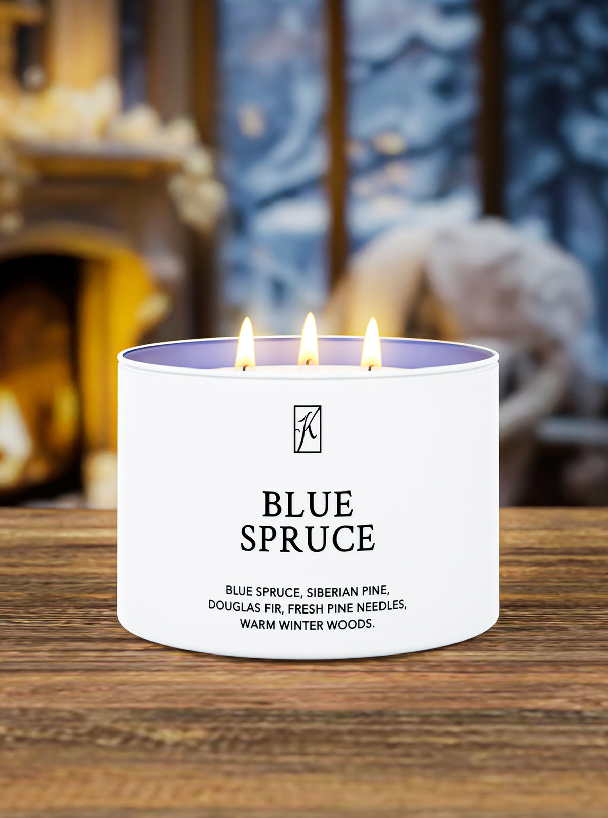 Candle labeled 'Blue Spruce' with a lifestyle living room background