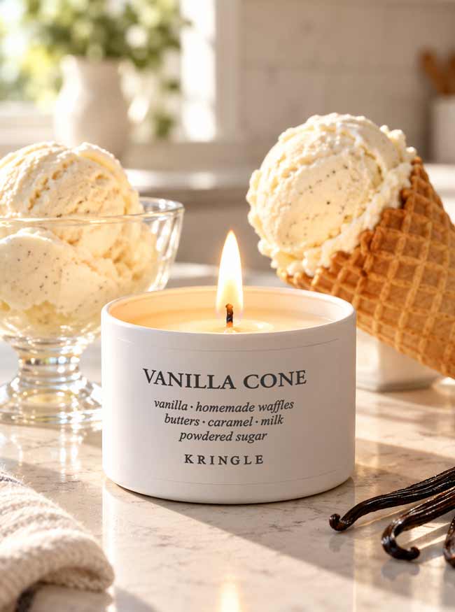 A lit white candle tin labeled 'VANILLA CONE' by Kringle sits on a marble surface, surrounded by vanilla ice cream scoops in a glass bowl and a waffle cone, with vanilla beans in the foreground.
