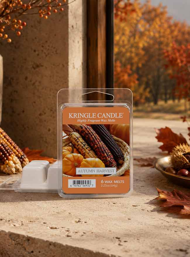 Autumn Harvest Wax Melt packaging in an autumn setting and decor on window sill