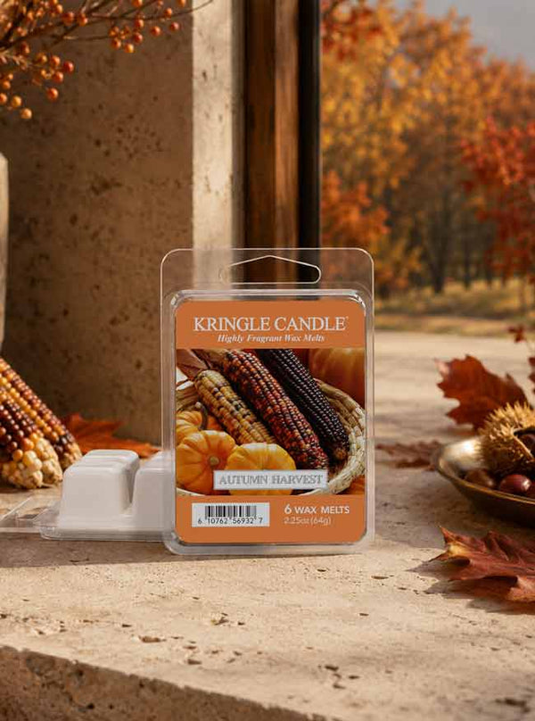 Autumn Harvest Wax Melt packaging in an autumn setting and decor on window sill
