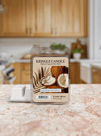 Kringle Candle salted coconut wax melts packaging on a kitchen counter