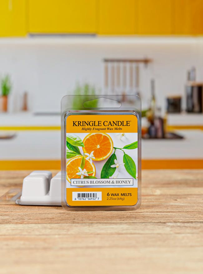 Kringle Candle Citrus Blossom & Honey wax melt package on a kitchen counter
