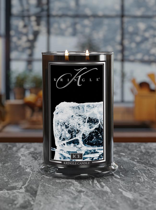 Kringle Candle with ice design on a dark surface