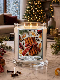 A large three-wick scented candle in a clear glass jar sits on a marble surface in a cozy holiday living room. The candle has a festive label reading 'CINNAMON CLOVE ZEST' with cinnamon sticks, cloves, berries, and a red ribbon.