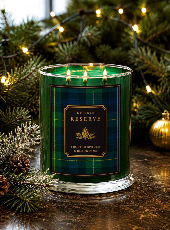 A green glass jar candle with three lit wicks and a front label reading 'Kringle Reserve' and 'Frosted Spruce & Black Pine,' styled on a dark marble surface with pine branches, fairy lights, and a gold ornament in the background.