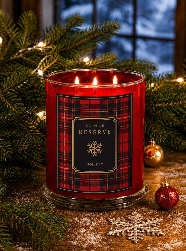 A red glass jar candle with three lit wicks and a black plaid label reading 'KINGLE RESERVE HOLIDAY' and 'Winter Wonderland,' styled with evergreen branches, warm string lights, and holiday ornaments on a rustic surface.
