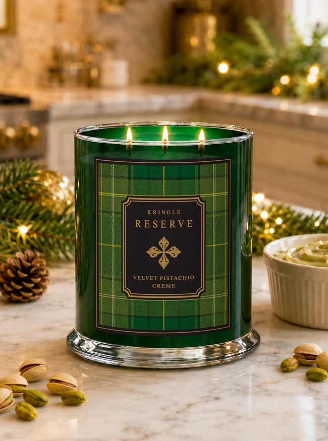 A three-wick scented candle in a clear glass jar with a green plaid label reading 'Kringle Reserve Velvet Pistachio Creme,' lit on a marble surface with holiday greenery, nuts, and a bowl nearby.