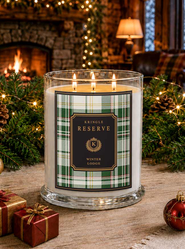 A lit scented candle in a clear glass jar sits on a rustic table in a cozy holiday setting with a fireplace, evergreen branches, string lights, wrapped gifts, and a red ornament. The candle label reads 'KRINGLE RESERVE Winter Lodge'.