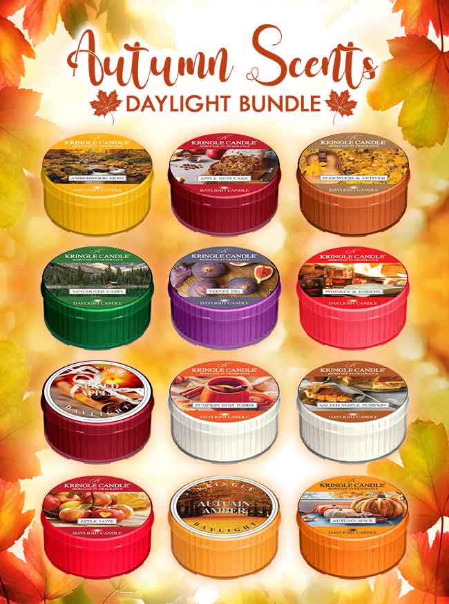 Collection of Kringle Candle daylight candles with autumn scents on a colorful leaf background 12 assorted scents