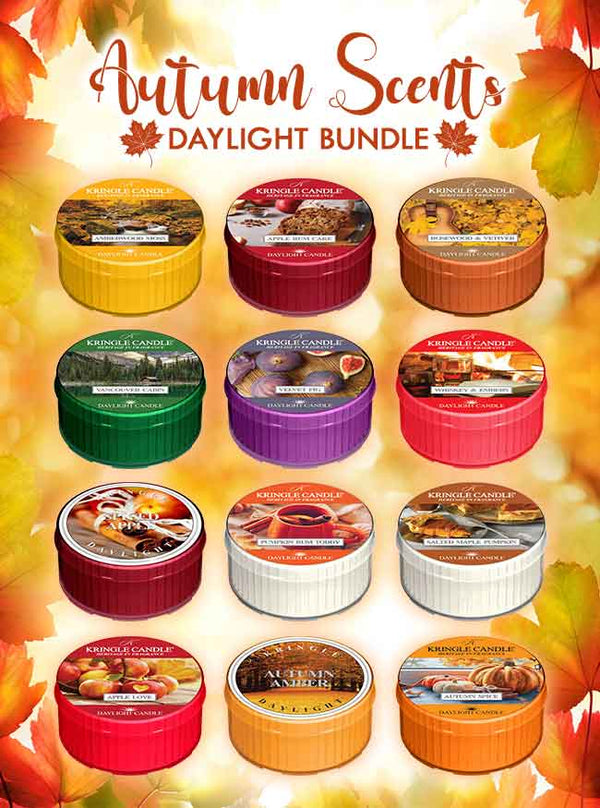 Collection of Kringle Candle daylight candles with autumn scents on a colorful leaf background 12 assorted scents