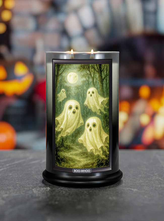 Halloween-themed Boo-Whoo candle with ghost design on a dark surface, blurred pumpkins and jack-o'-lanterns in the background.