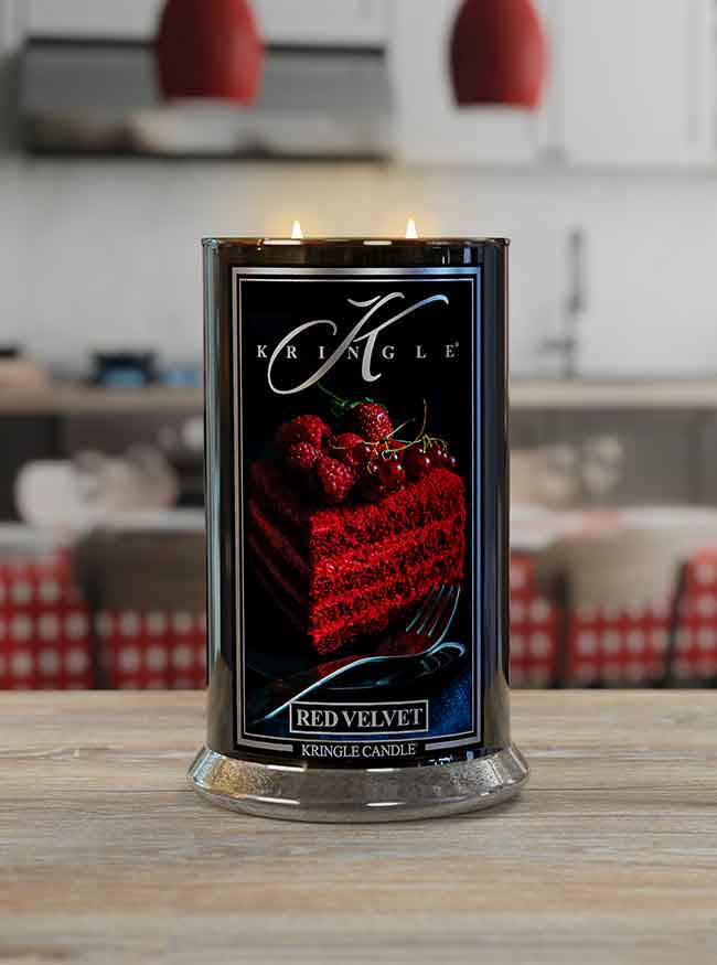 Large Red Velvet Reserve Collection Lit Candle  in kitchen lifestyle setting - Kringle Candle Company