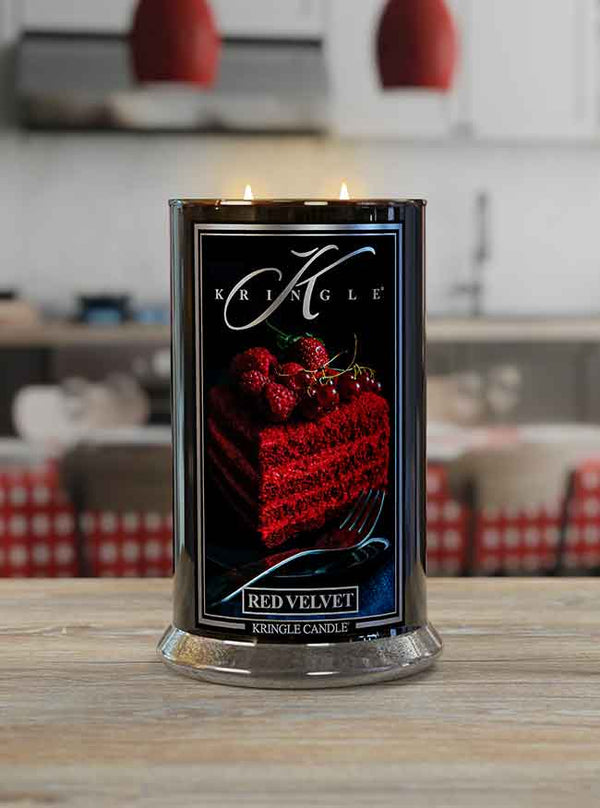 Large Red Velvet Reserve Collection Lit Candle  in kitchen lifestyle setting - Kringle Candle Company