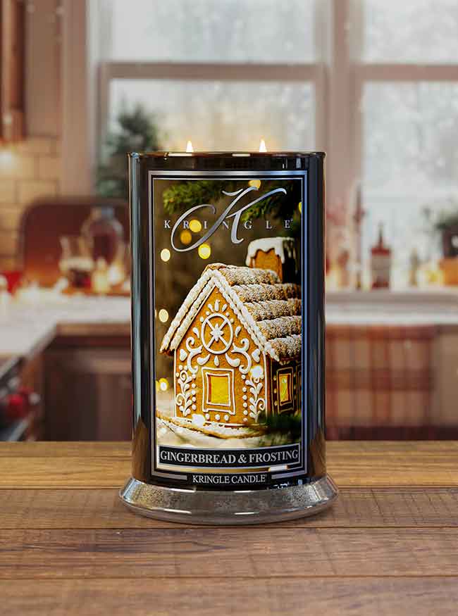 Large Gingerbread & Frosting Reserve Collection Lit Candle  in home lifestyle kitchen setting - Kringle Candle Company