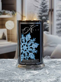 Large Winter Crystal Reserve Collection Lit Candle  in home lifestyle winter setting - Kringle Candle Company