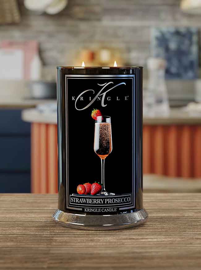 Large Strawberry Prosecco Reserve Collection Lit Candle  in home lifestyle setting - Kringle Candle Company