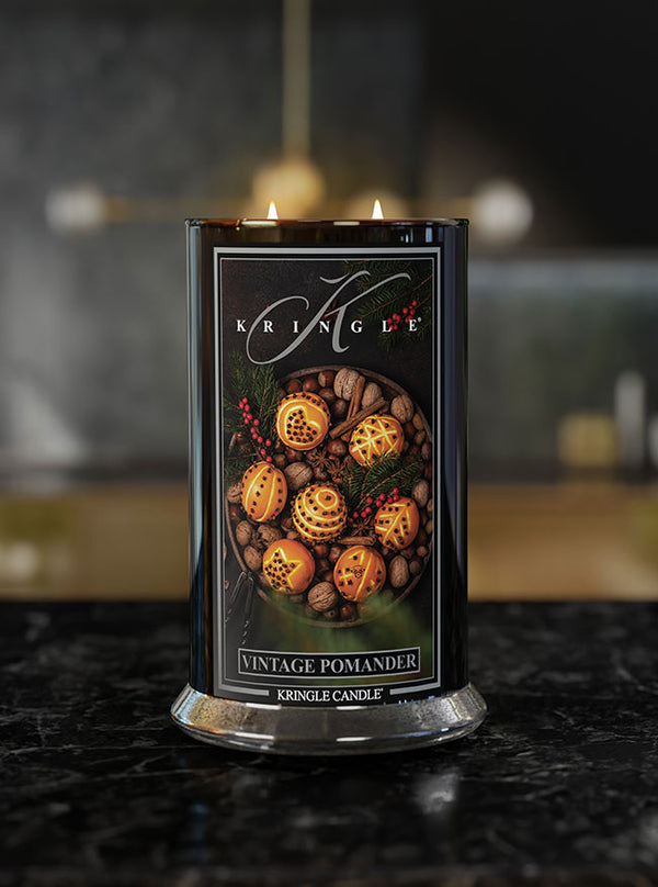 Vintage Pomander Large 2-wick candle on a marble-top surface - Kringle Candle Company