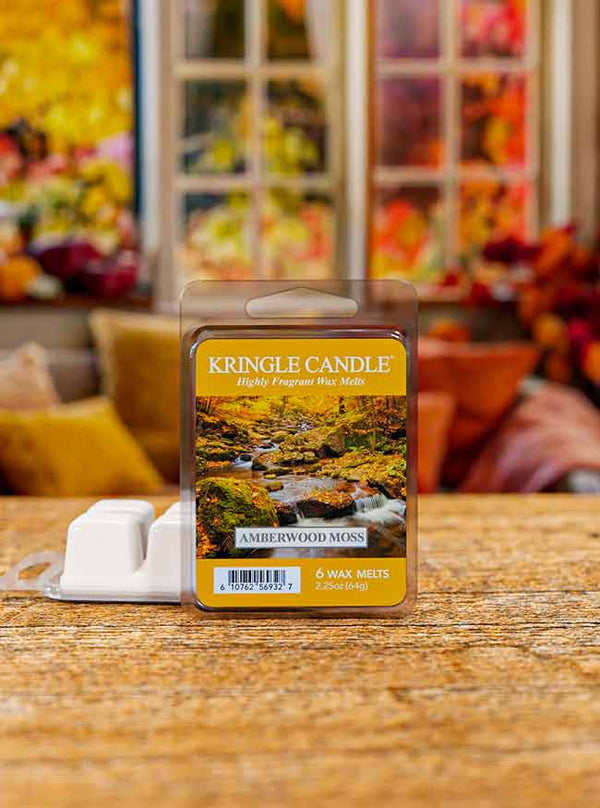 Amberwood Moss wax melts, featuring a label with an autumn forest and a stream.