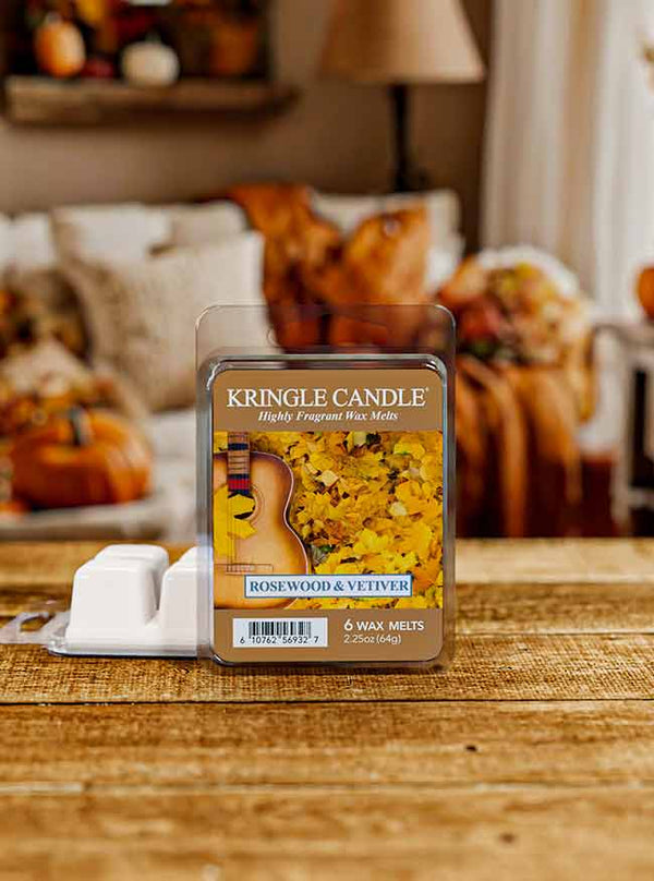 Wax melts package featuring Rosewood & Vetiver scent; label shows a guitar and yellow leaves.