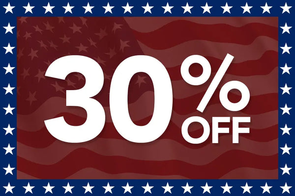 30% Off patriotic sale graphic with large white text on a red background featuring a faint American flag and blue star border.