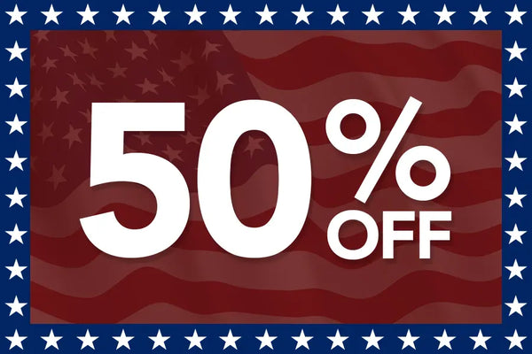 50% Off patriotic sale graphic with large white text on a red background featuring a faint American flag and blue star border.