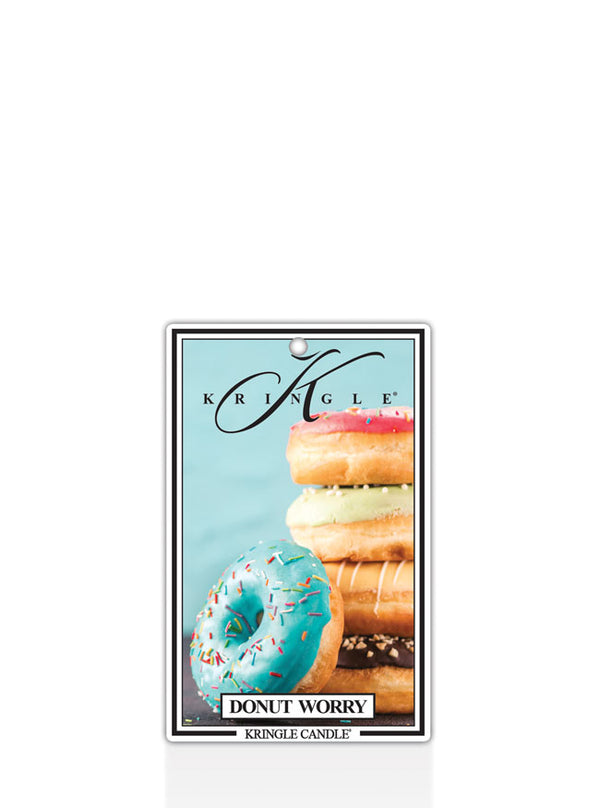 Kringle Candle Donut Worry air freshener with colorful donuts on a white background