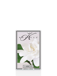 Kringle Candle Gardenia air freshener with a gardenia flower on a white background