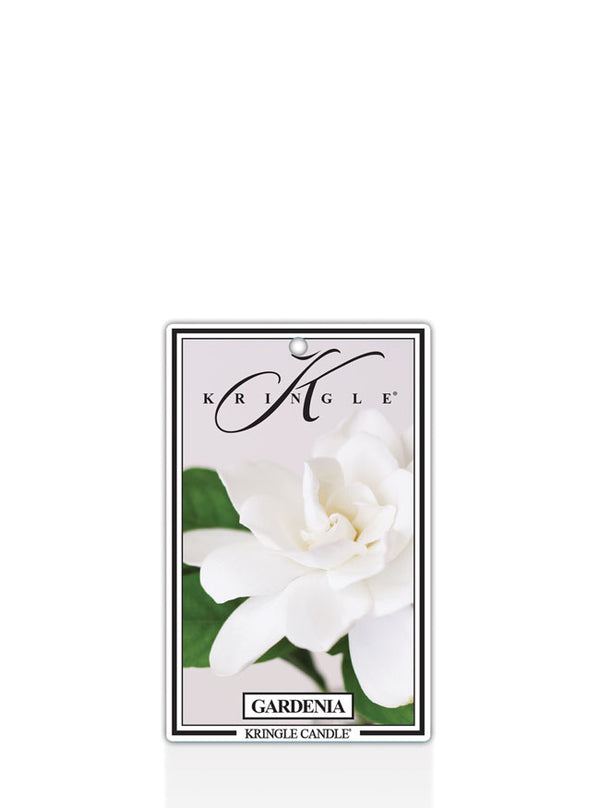 Kringle Candle Gardenia air freshener with a gardenia flower on a white background