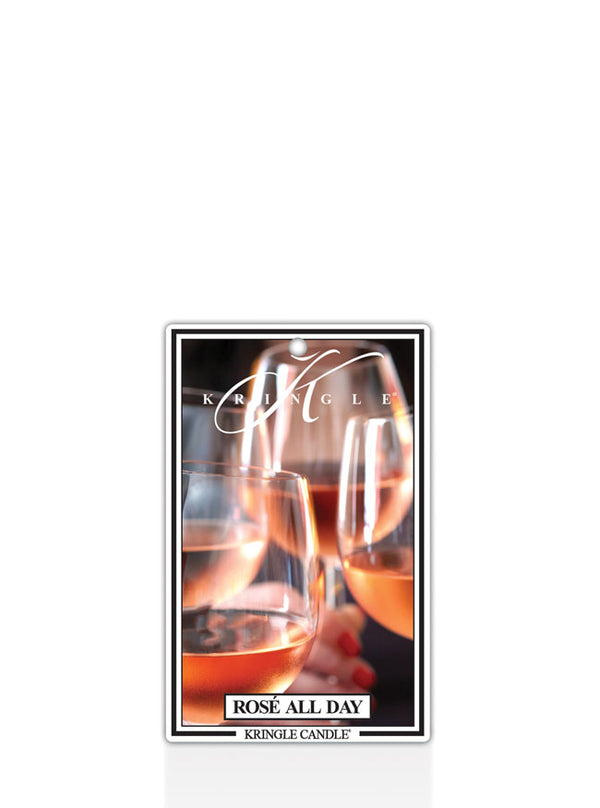 Kringle Candle Rosé All Day air freshener with two wine glasses on a white background
