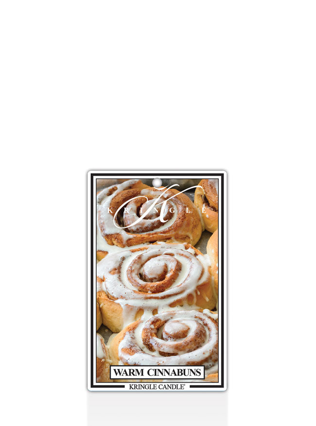 Kringle Candle Warm Cinnabuns air freshener with Warm Cinnamon Buns design on a white background
