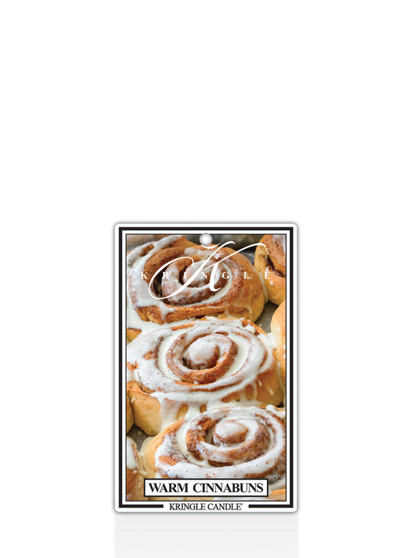 Kringle Candle Warm Cinnabuns air freshener with Warm Cinnamon Buns design on a white background