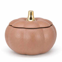 A small pumpkin-shaped container with a textured matte finish in a warm tan-brown color, featuring a shiny gold metallic stem on the lid, set against a plain white background.