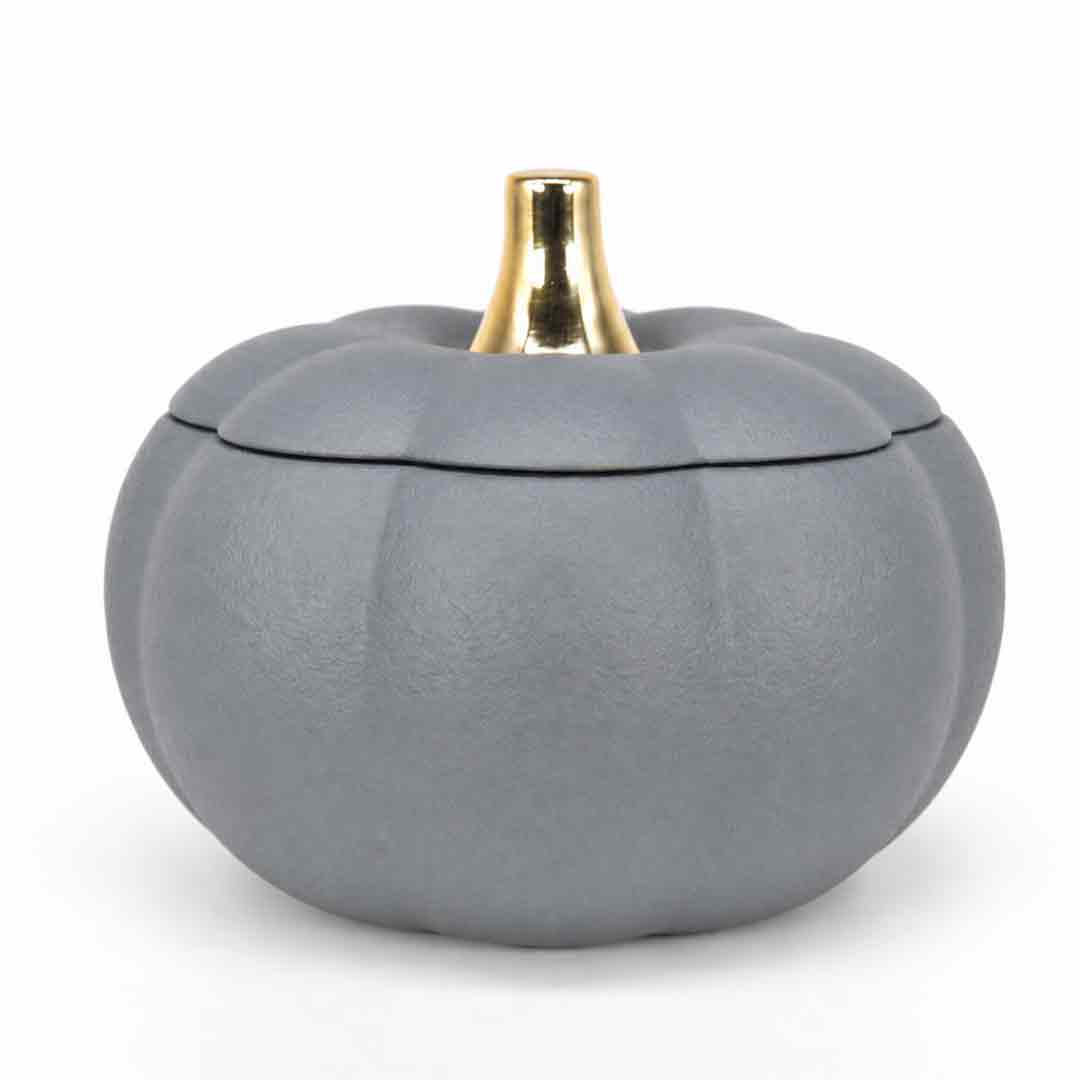 A gray faux-leather pumpkin-shaped container with a matching lid and a metallic gold stem, shown on a clean white background.