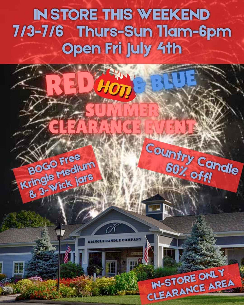 "Kringle Candle store exterior with fireworks and promotional text for Red Hot & Blue Summer Clearance Event. BOGO Kringle Medium & 3-Wick Jars, 60% off Country Candle Medium Jars. In-store only event July 3–6."